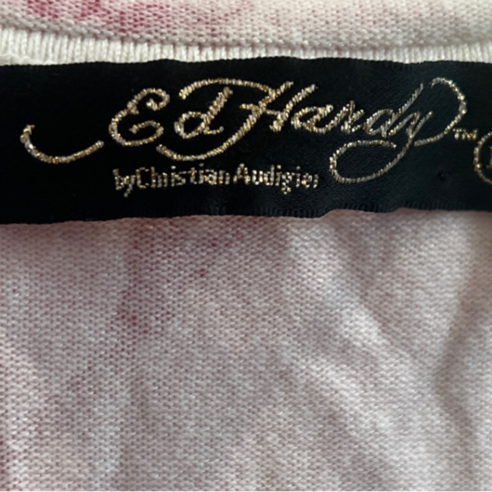 Ed Hardy Women's White and Pink V-Neck Tee Mini Dress - Picture 2 of 3